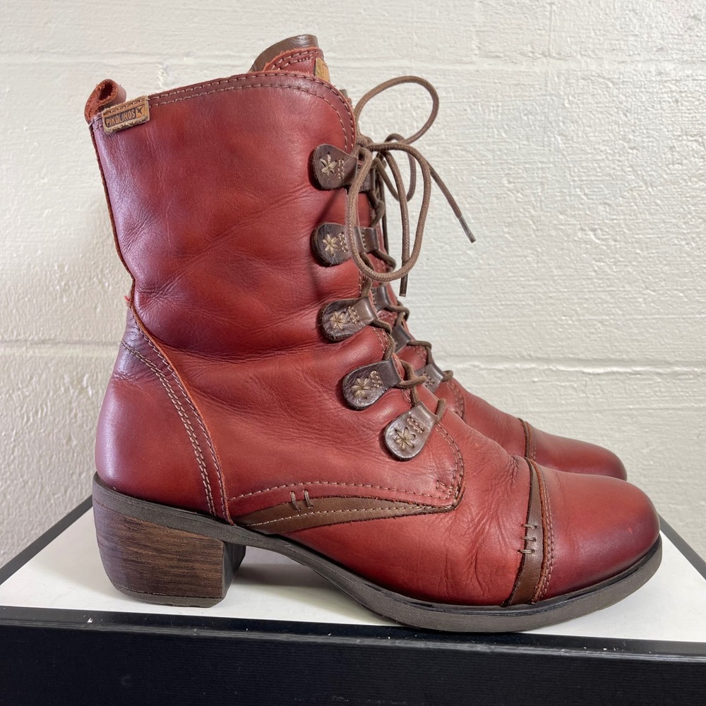 Pikolinos Le Mans Red Leather Ankle Boots Cap Toe Side Zip Women's 40 EU/ 10 US